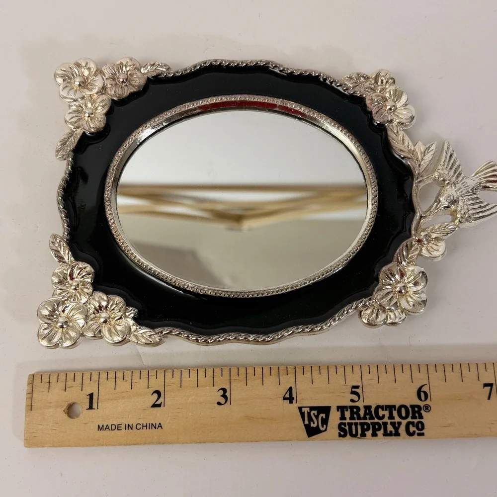 Vintage Emerald Green Silver Bird Picture Frame Made Taiwan R.O.C. Floral Oval